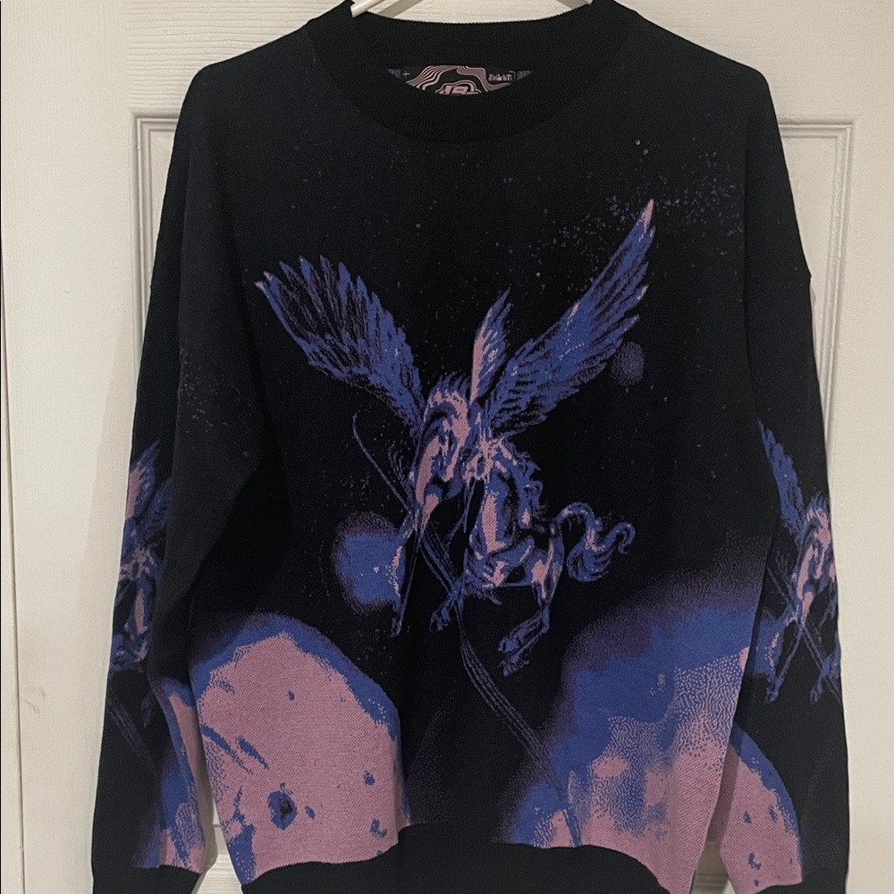 Mystical Black and Purple Sweater with Pegasus Design